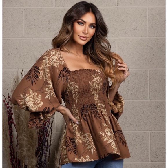 New Stunning Rich Mocha Brown Fern Leaf Print Women’s Beautiful Blouse Top - Picture 4 of 4